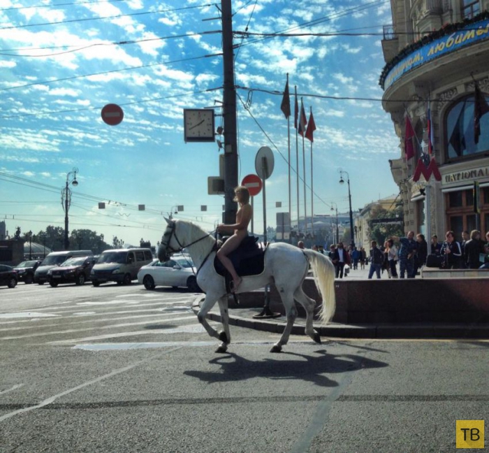 Голая наездница на белой лошади в центре Москвы (4 фото + видео)